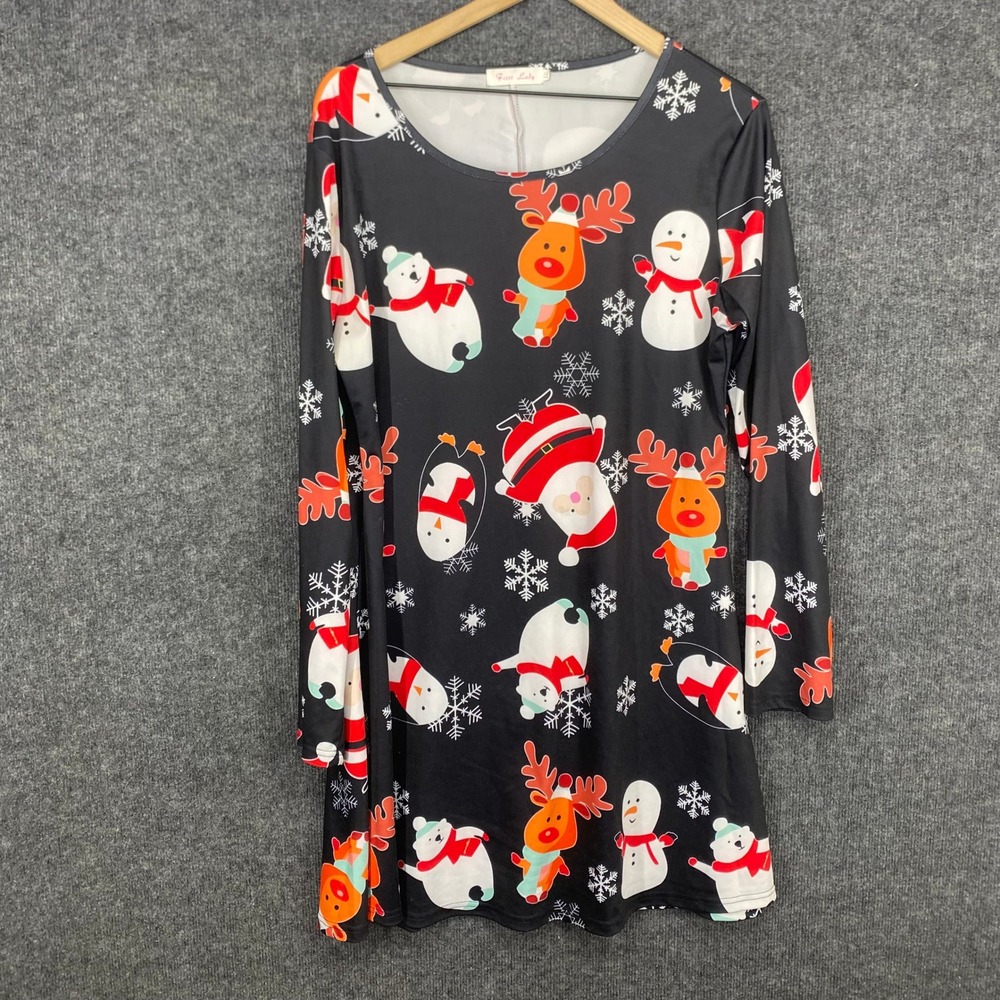 First Lady Christmas Holiday Character Print Long Sleeve Mini Dress Black XXL